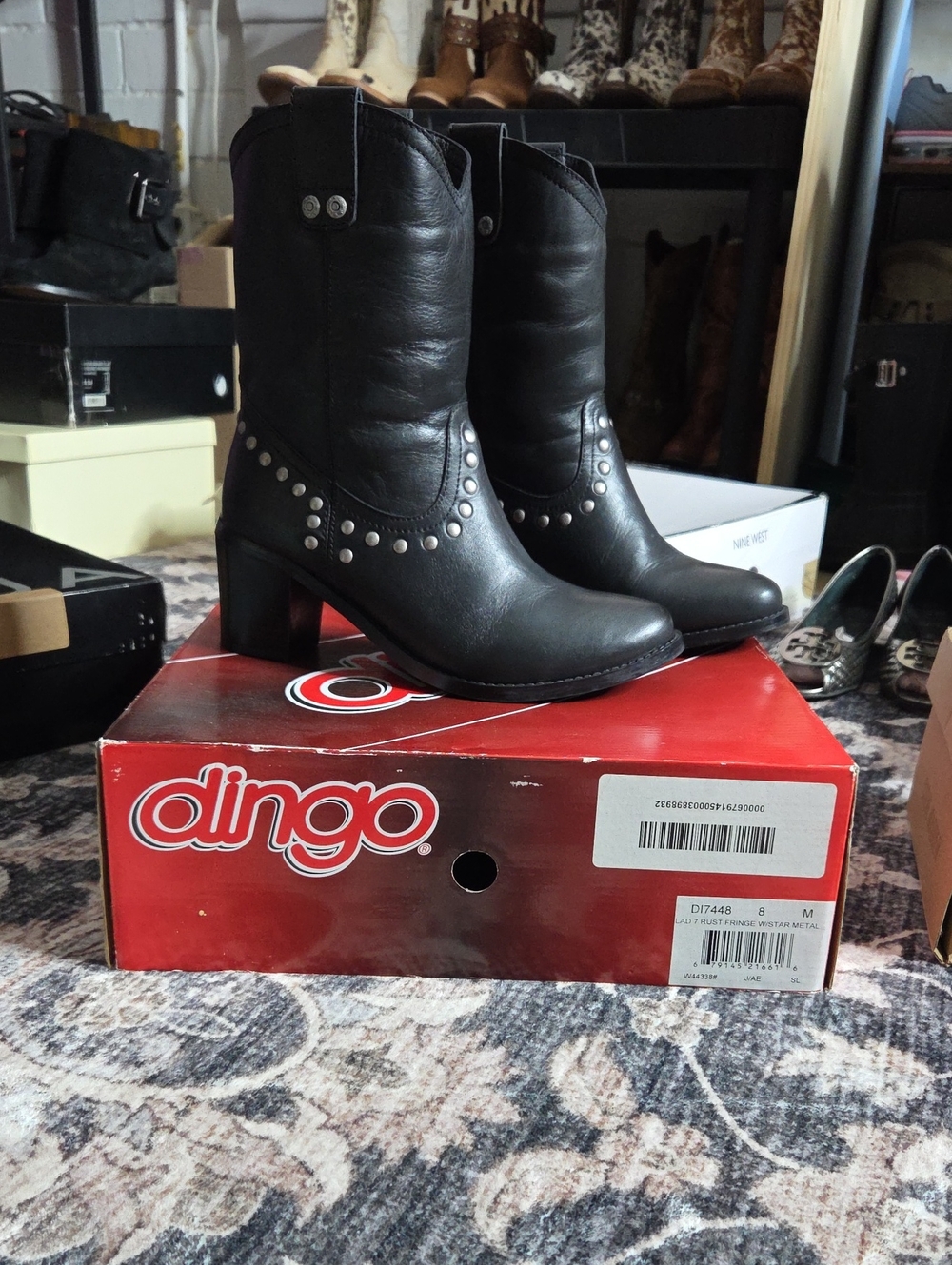 dingo Black Studded Mid-Heel Western Boots